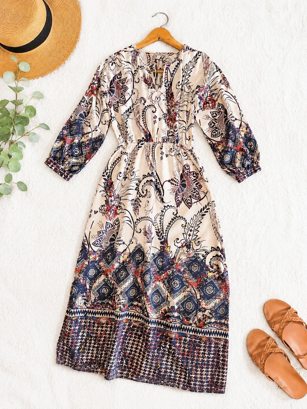 Lucky Brand Bohemian Floral Maxi Dress in Cream and Navy